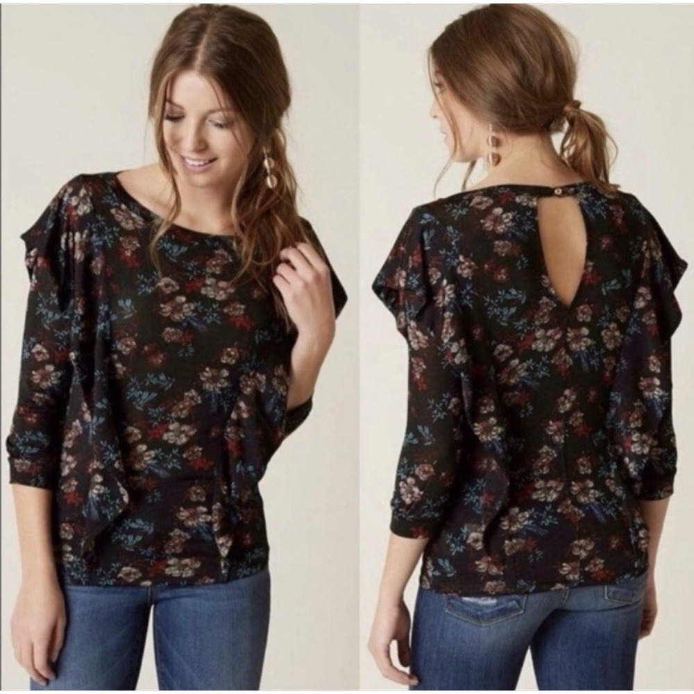 Free People Dock Street Keyhole Top Small Shirt Blouse Black Floral Ruffle Boho